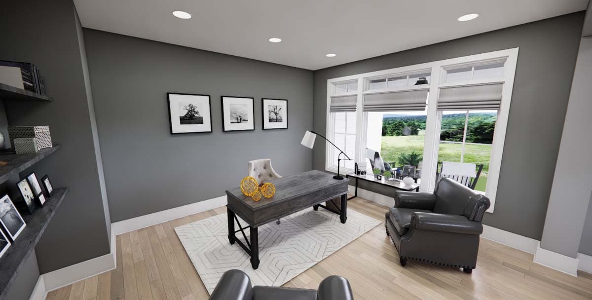 Office rendering with a desk, armchair, large windows, and built-in shelving.