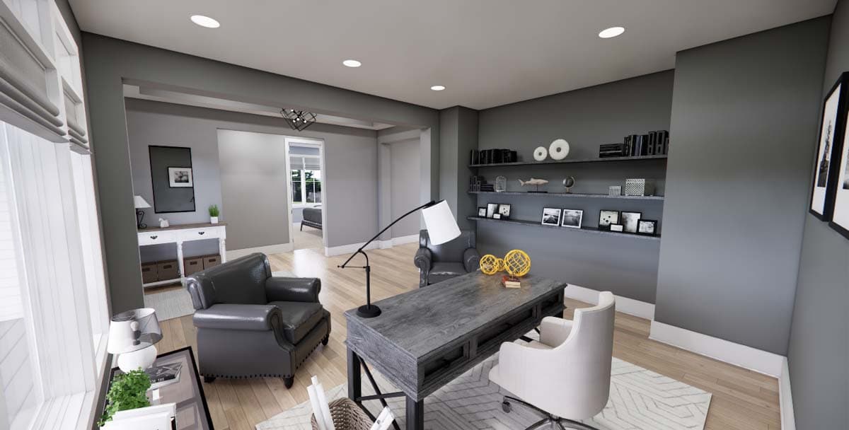 Rendering of a home office featuring a dark wood desk, leather armchairs, built-in shelves, and a doorway to a bedroom.