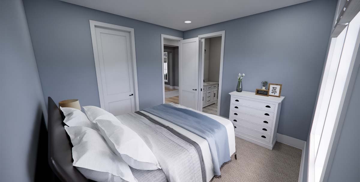 Interior rendering of a bedroom with a bed, dresser, and doorway to a bathroom.