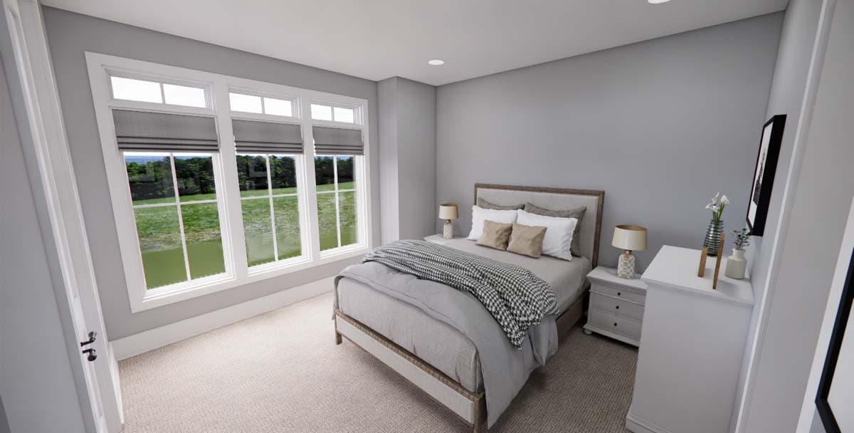 Bedroom rendering with a large multi-pane window, queen bed with upholstered headboard, and a nightstand.