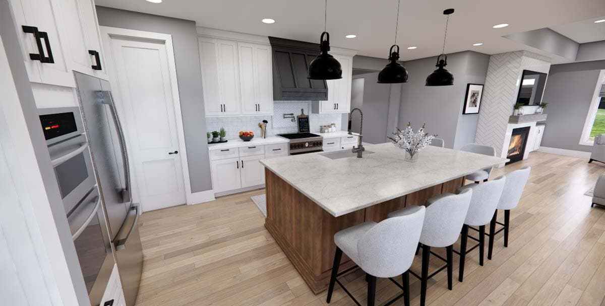 Rendering of a spacious kitchen with a large island, white cabinets, stainless steel appliances, and a fireplace in the adjacent living area.