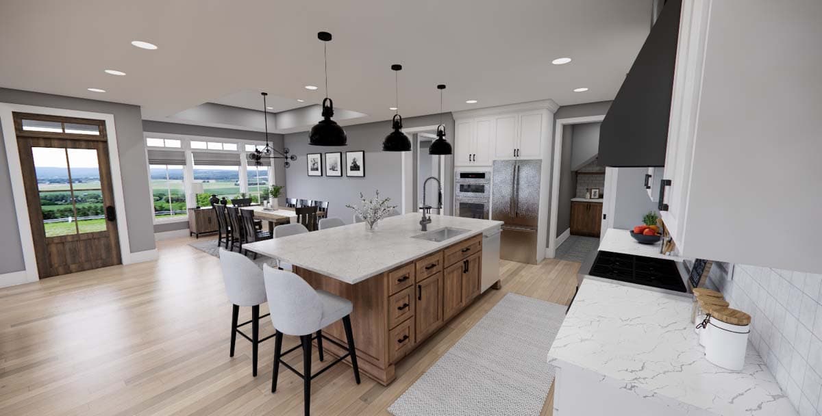 Interior rendering of a kitchen with a large island, stainless steel appliances, and adjacent dining area with large windows.