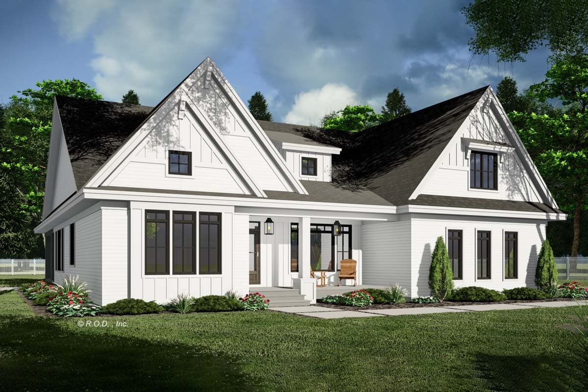 House plan exterior. Modern Farmhouse style with gabled roof, dormers, and a covered porch. Two-story structure with board and batten siding.