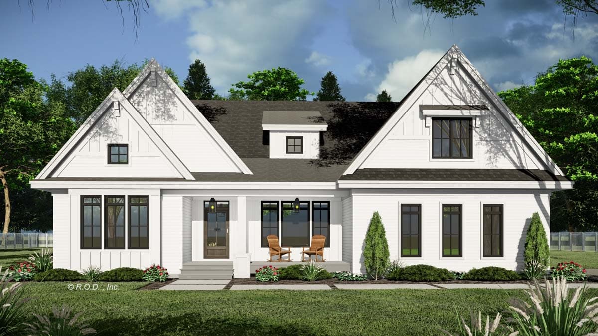 Modern Farmhouse house plan exterior with board and batten siding, large gables, dormer, and covered front porch.