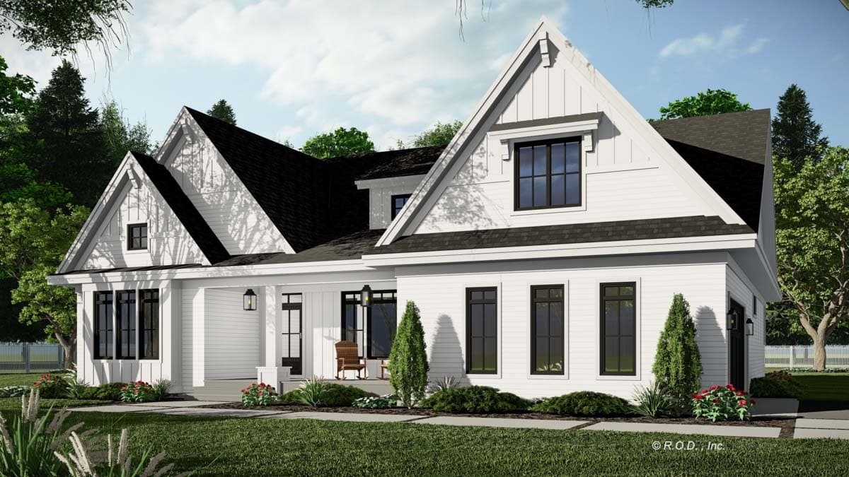Modern Farmhouse house plan exterior with gables, dormers, prominent rooflines, and a covered porch.