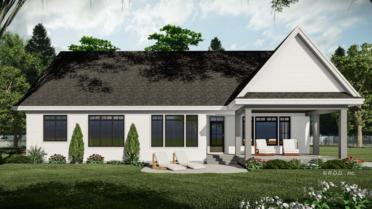 House plan exterior: Modern Farmhouse style, one story, featuring large windows, a covered porch with columns, and prominent gables.