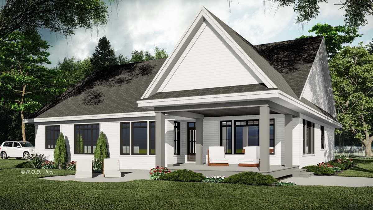 House plan exterior. Modern style single-story home with a covered front porch, gabled dormer, and dark-framed windows.