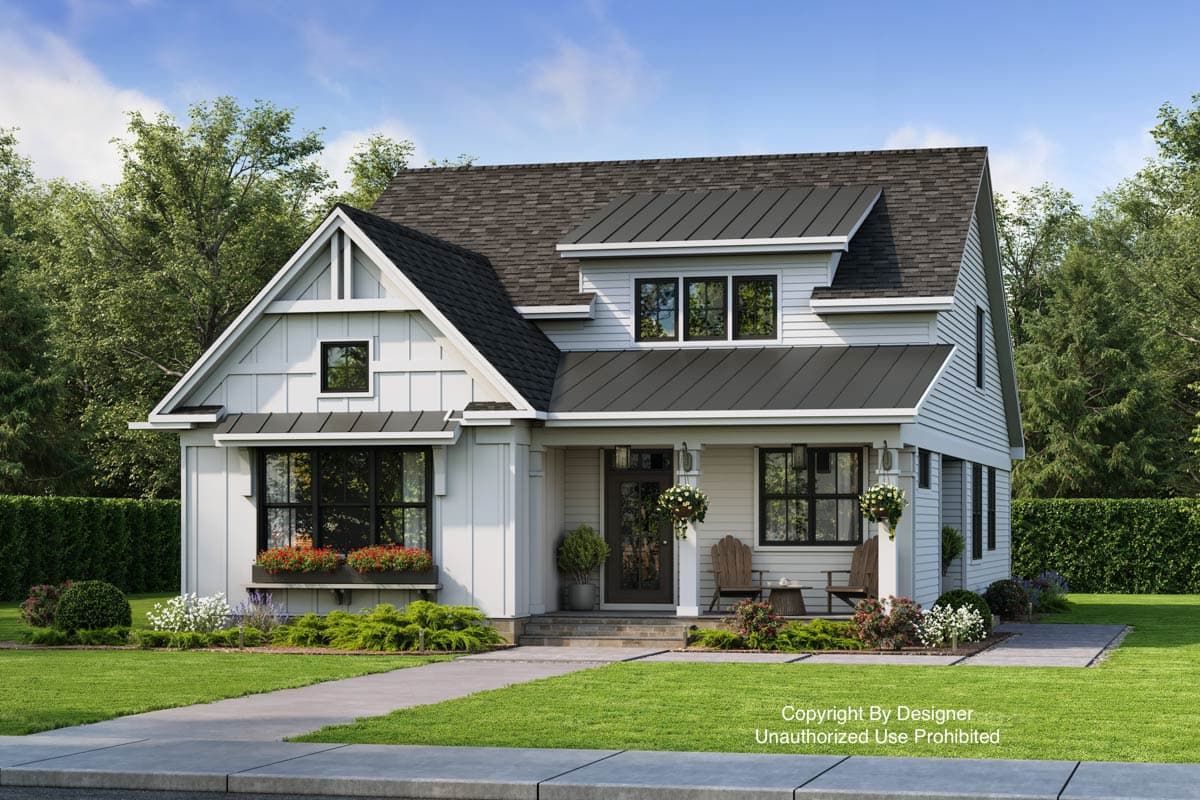 Modern Farmhouse house plan exterior with a covered porch, multiple gables, and dormer windows.