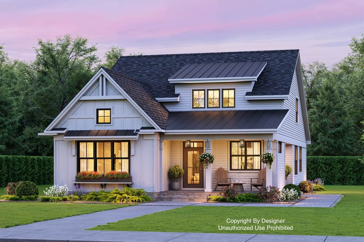 House plan exterior. Two-story Modern Farmhouse with gable roof, covered porch, and dormers. Features include dark metal roof and large windows.