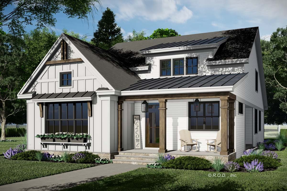 Modern Farmhouse house plan exterior with gables, metal roof, large windows, and a covered front porch with wood columns.