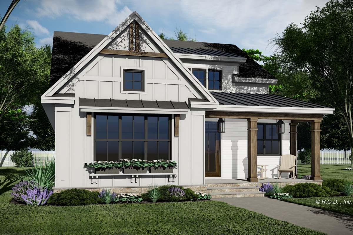 Modern Farmhouse house plan exterior with gables, metal roof, board and batten siding, and covered porch.