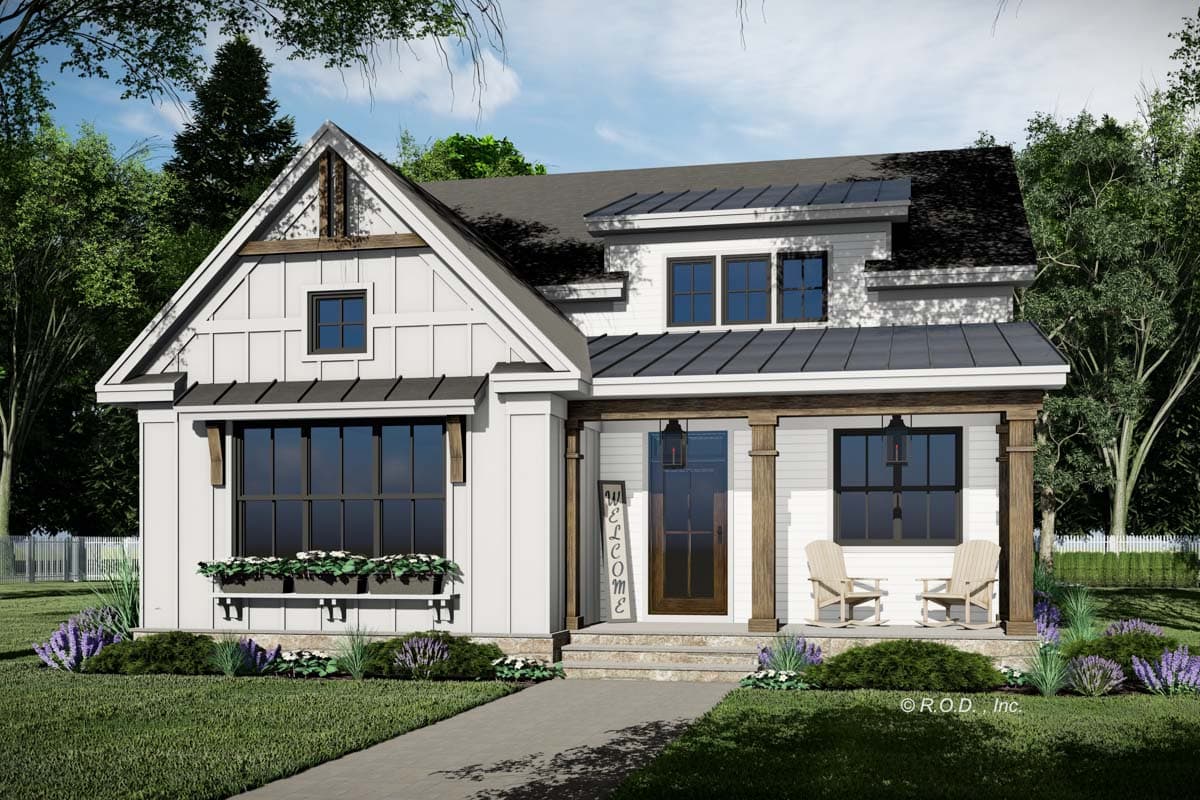 Modern Farmhouse house plan exterior with a gable, dormer, metal roof, and covered porch with wood columns.