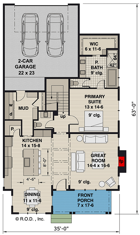 Plan 14788RK: 2242 Square Foot House Plan with Alley Access Garage and a Flex Room - Floor Plan - Main Level - Cottage, Country, Modern Farmhouse, New American