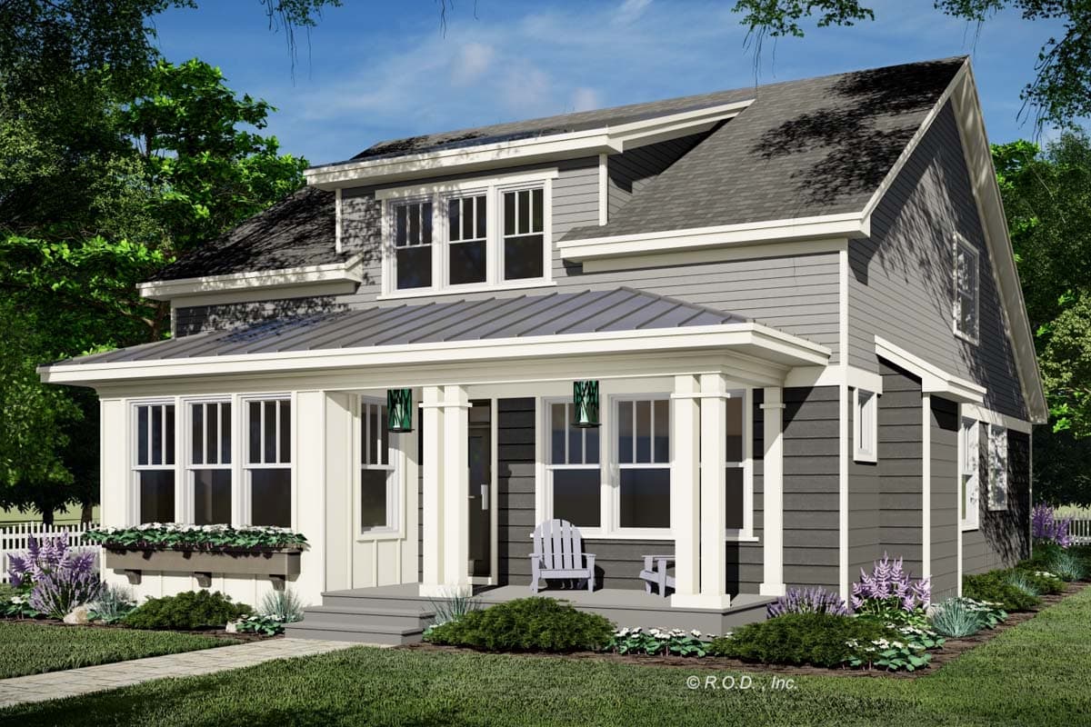 House plan exterior. Two-story Craftsman home with a front porch, gabled roof, and dormers. Features include a metal roof over the porch.