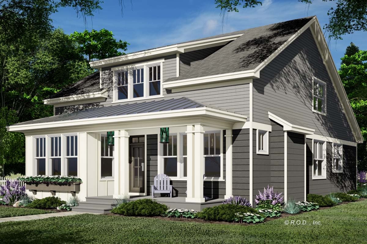 House plan exterior: Two-story home with a prominent front porch, metal roof over porch, and varied siding.