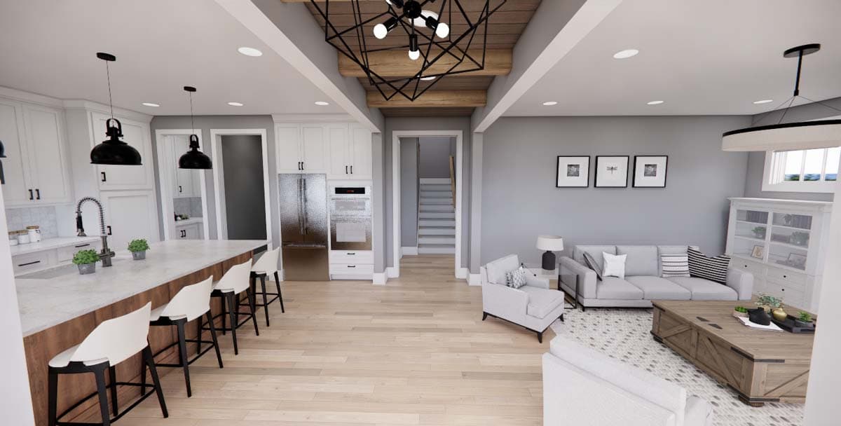Interior rendering of a modern open-concept living area with kitchen, island seating, and living room.