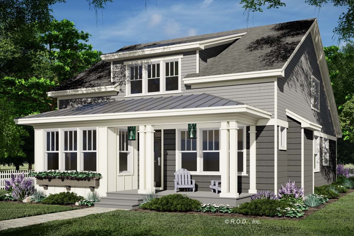 House plan exterior with Craftsman style. Features include a front porch with square columns, gabled roof, and dormer windows on the second story.