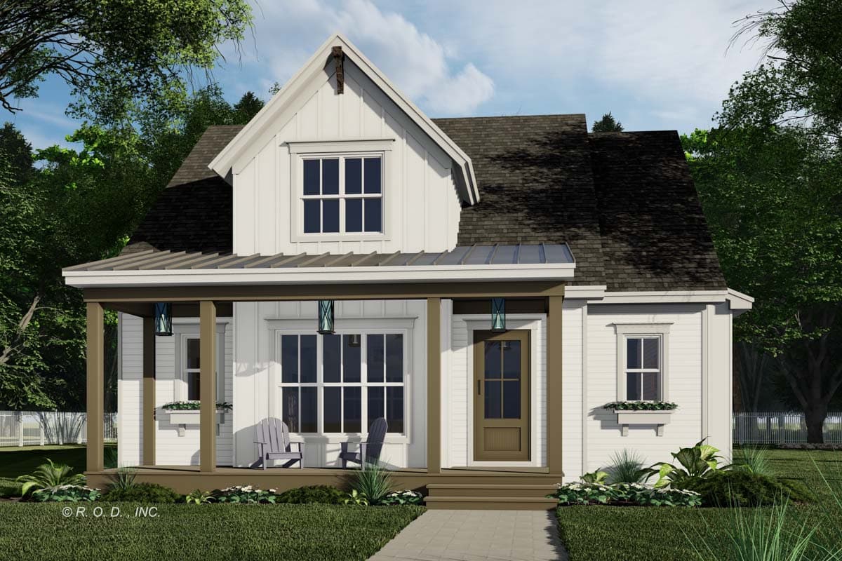 House plan exterior view of a cottage-style home with a front porch, gabled roof, and dormer window. Two stories are evident.