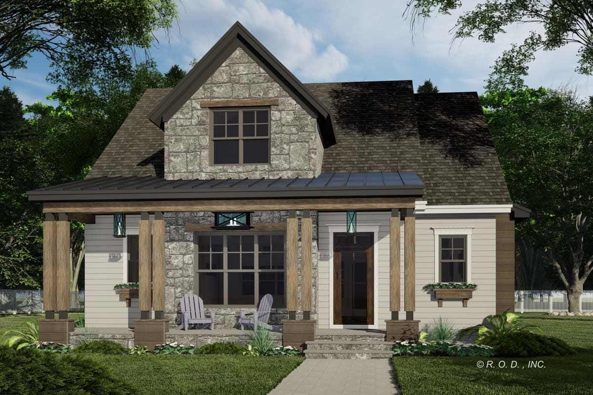 House plan exterior with stone facade, covered porch with timber posts, and multi-story gabled rooflines.