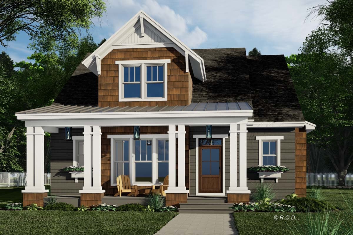 Craftsman style house plan exterior with a prominent covered porch, gabled dormer, and shingle siding.