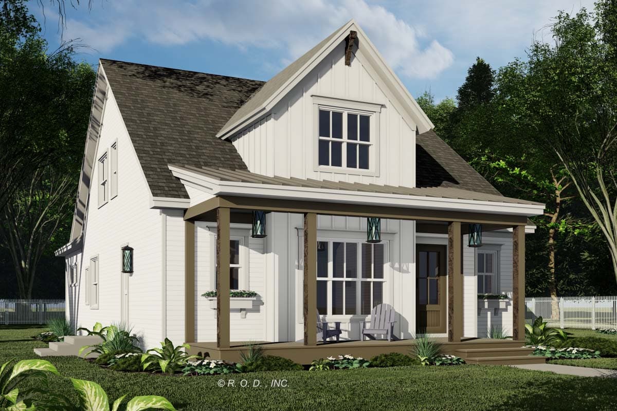 Modern Farmhouse house plan exterior, two stories, featuring a covered front porch with dark posts, board and batten siding, and gables.