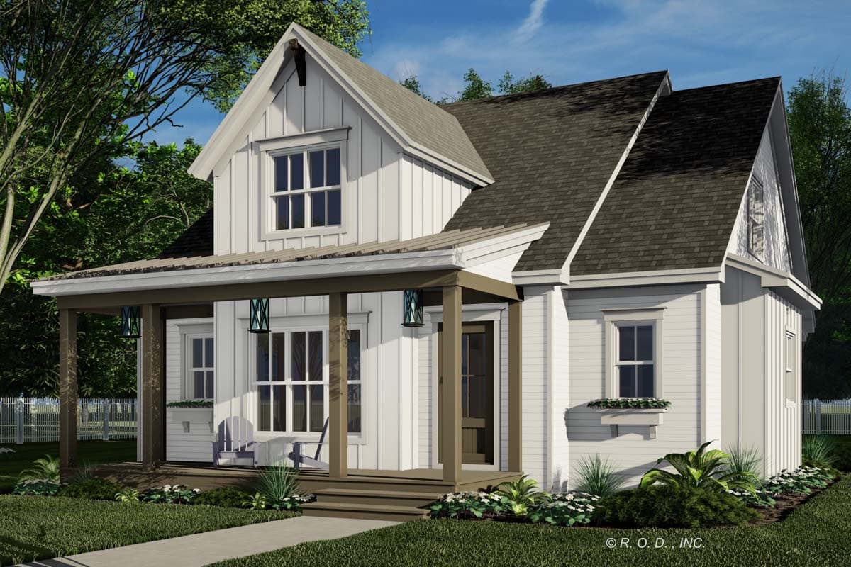 Modern Farmhouse house plan exterior, two stories, with a covered front porch, gables, and board-and-batten siding.