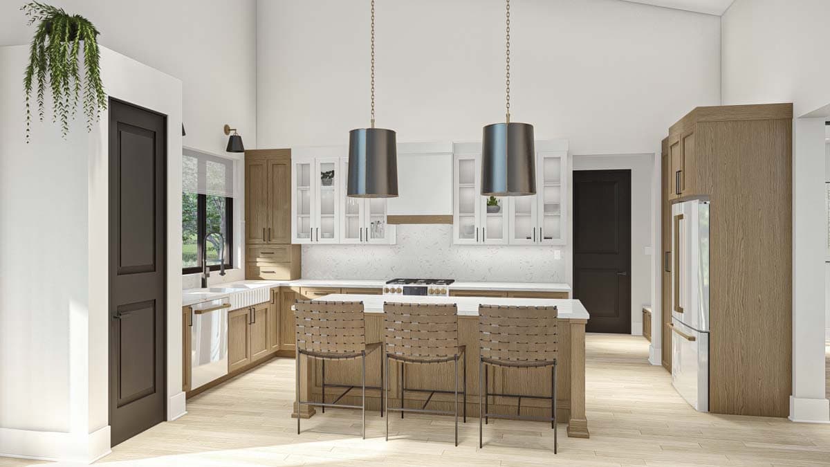 Kitchen with island, pendant lights, farmhouse sink, range, and wood cabinetry.