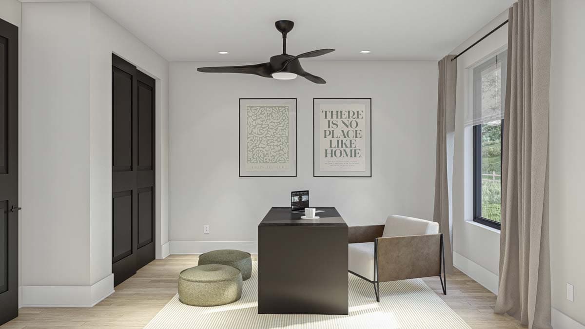Interior rendering of a home office with a dark desk, modern fan, and double doors.