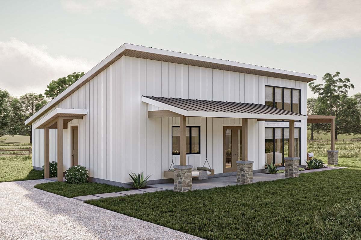 Modern house plan exterior with vertical siding, gabled roof, and a covered porch with stone-clad columns.