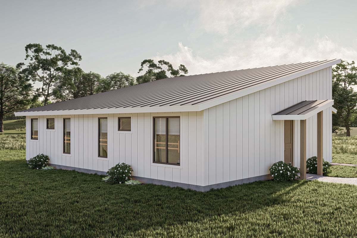 House plan exterior featuring a Modern style, vertical siding, a shed roofline, and a small covered entry with two posts.