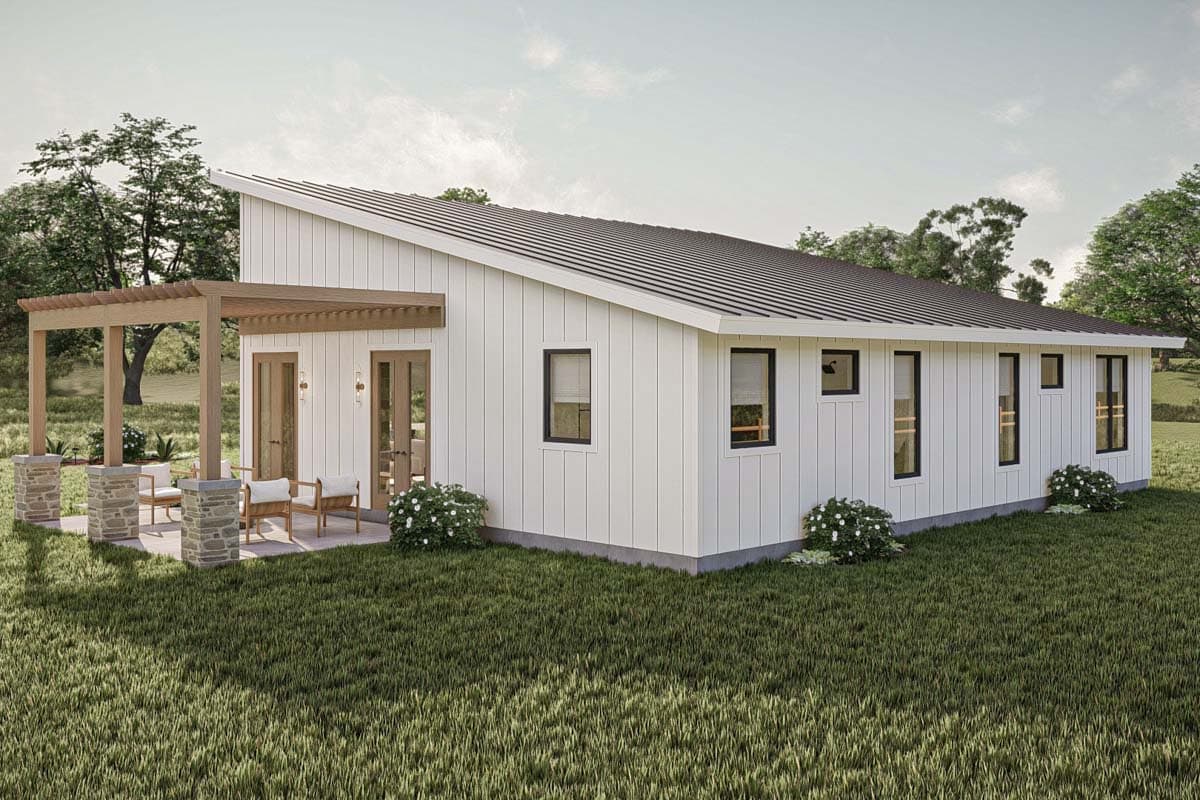 Modern ranch house plan exterior with a sloped metal roof, board-and-batten siding, and a stone-columned pergola over a patio.