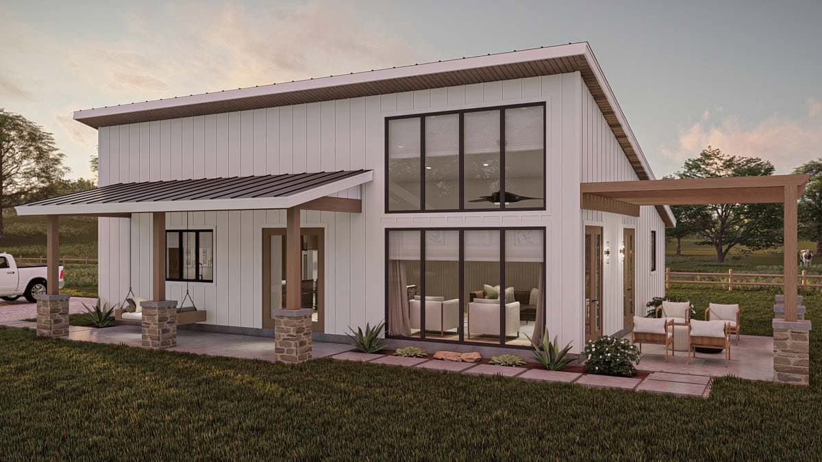 Modern house plan exterior with board-and-batten siding, metal roof, covered porch with stone pillars, and large two-story windows.