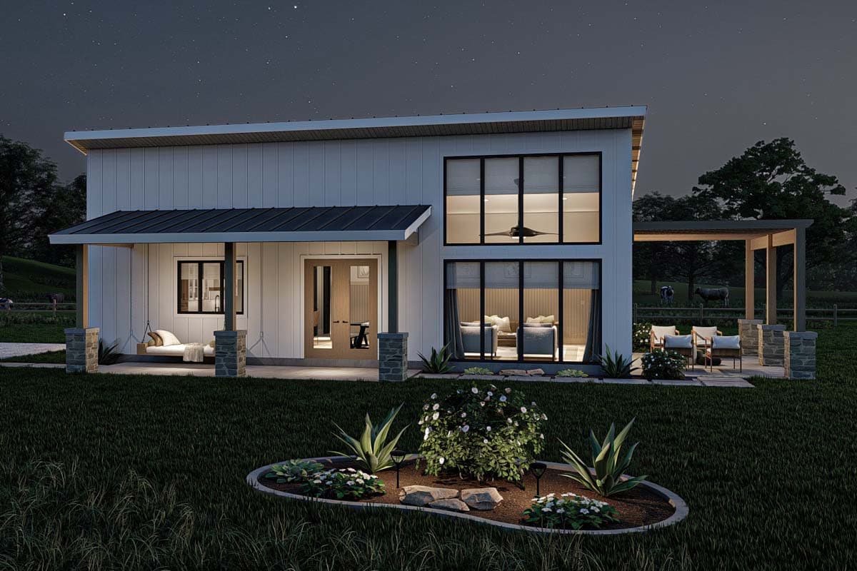 Modern house plan exterior with a covered porch, stone columns, and large vertical windows. Features a flat roof and side patio.