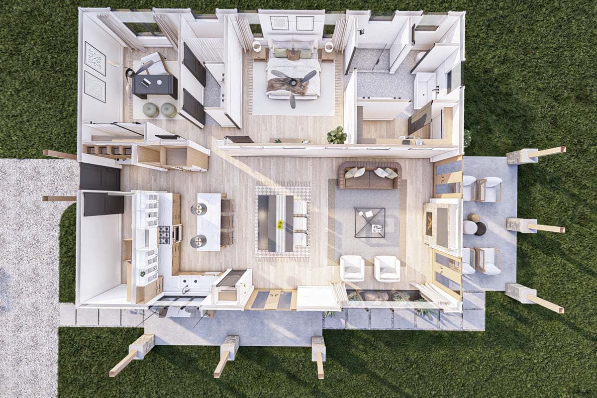 Aerial view of house plan showing open-concept living, kitchen island, primary suite, and patio.