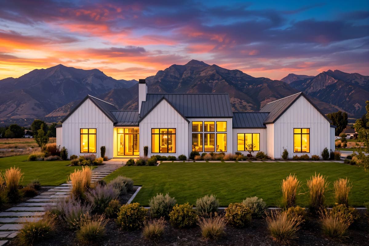 Modern Farmhouse house plan exterior with board-and-batten siding, gable roofs, and large windows.