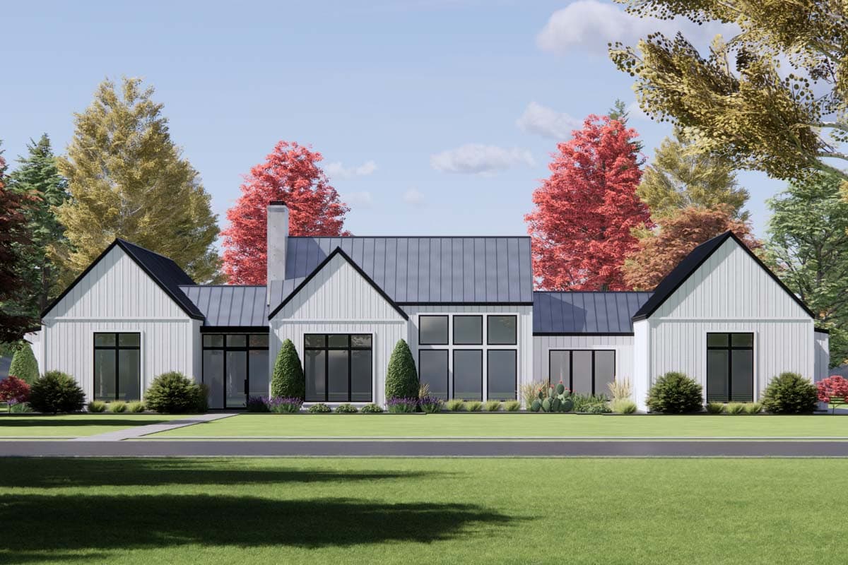 House plan exterior. Modern farmhouse style with a single story, multiple gabled sections, vertical siding, and a standing seam metal roof.