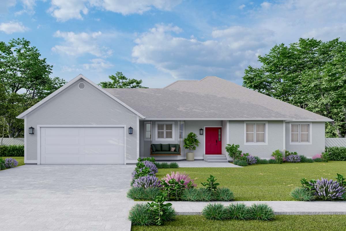 House plan exterior featuring a one-story, Ranch-style home with an attached garage, a covered entry porch, and a hip roof.