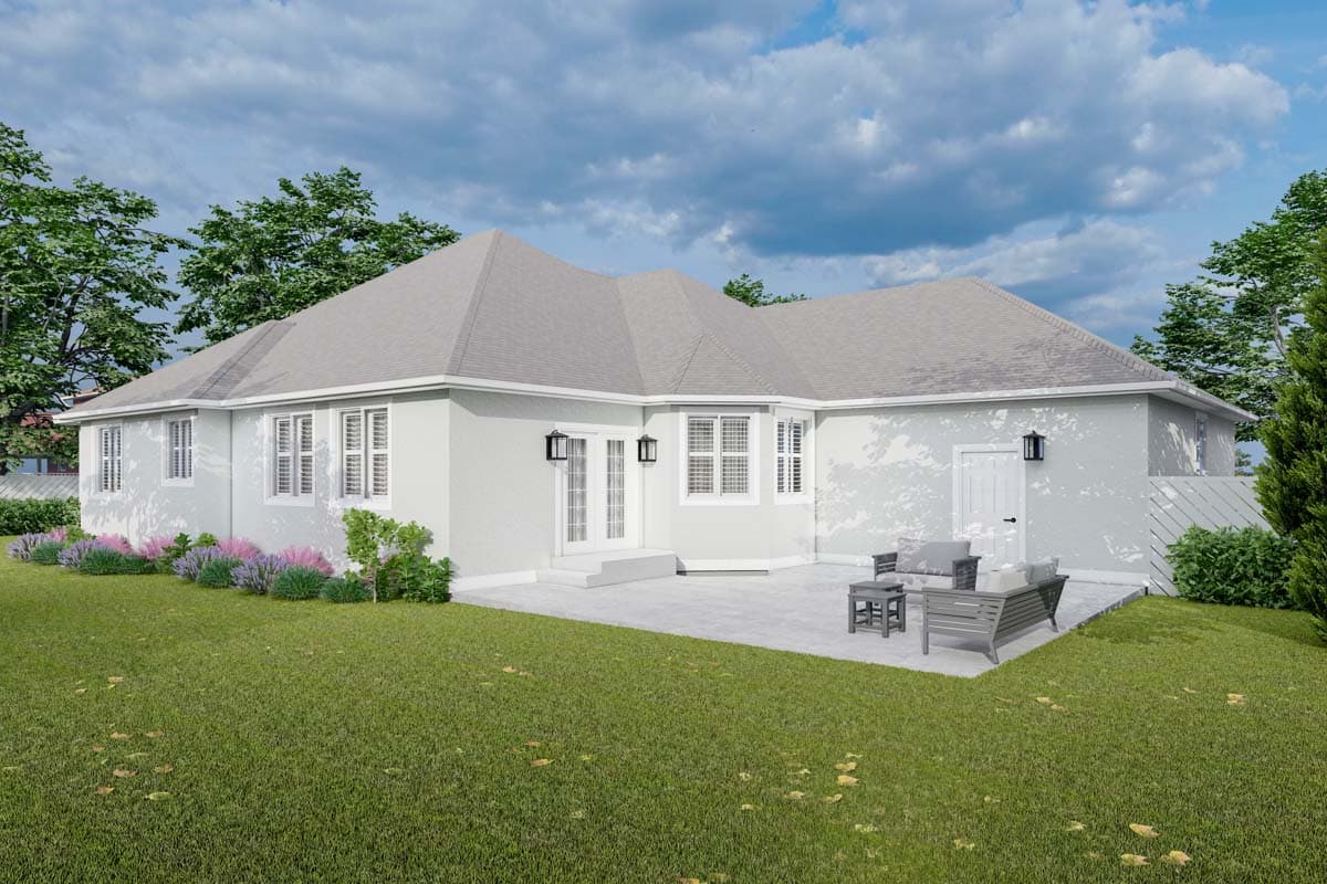 House plan exterior of a single-story home with a hip roof, patio, French doors, and multiple windows.
