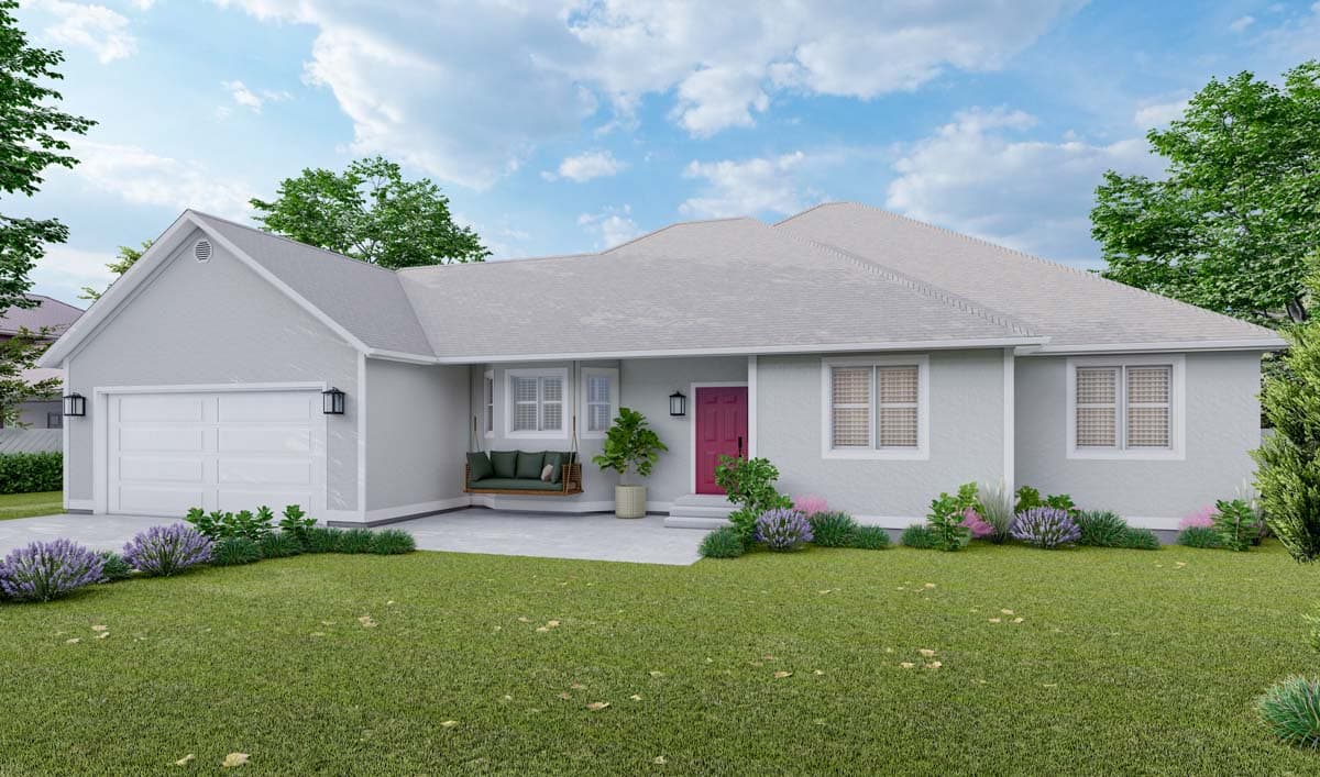 House plan exterior: One-story modern house with attached garage, front porch swing, and hip rooflines.