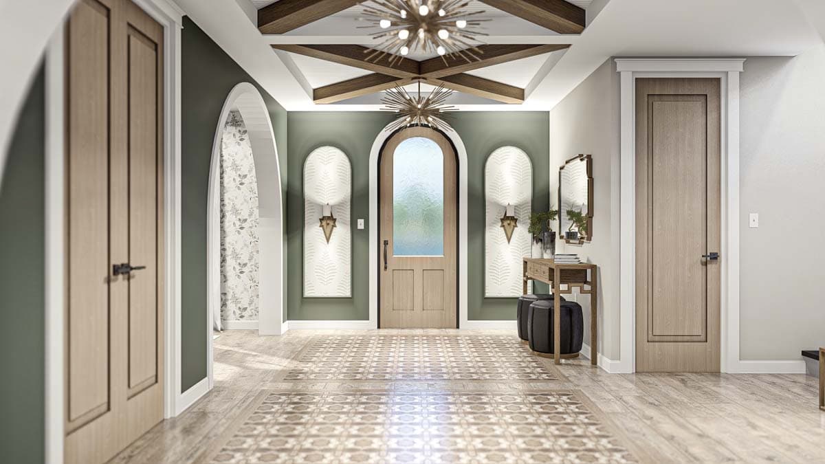 Interior rendering of a home entryway with a coffered ceiling, arched doorways, and a patterned floor.