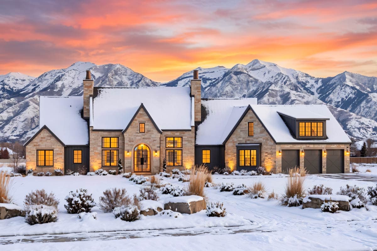 House plan exterior with stone facade, gabled dormers, arched entryway, and three-car garage under snowy mountains.