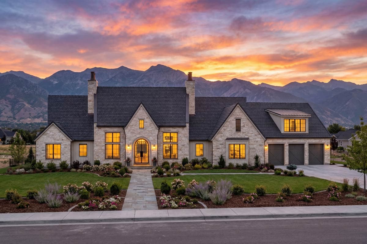 House plan exterior: Stone-clad two-story home with gabled dormers, arched entry, and a three-car garage.
