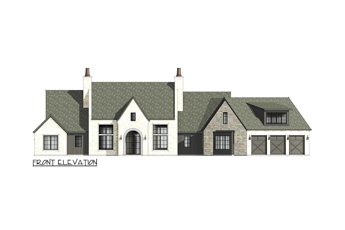 Front elevation of a two-story house plan featuring a prominent arched entryway, stone accents, gables, and a three-car garage.