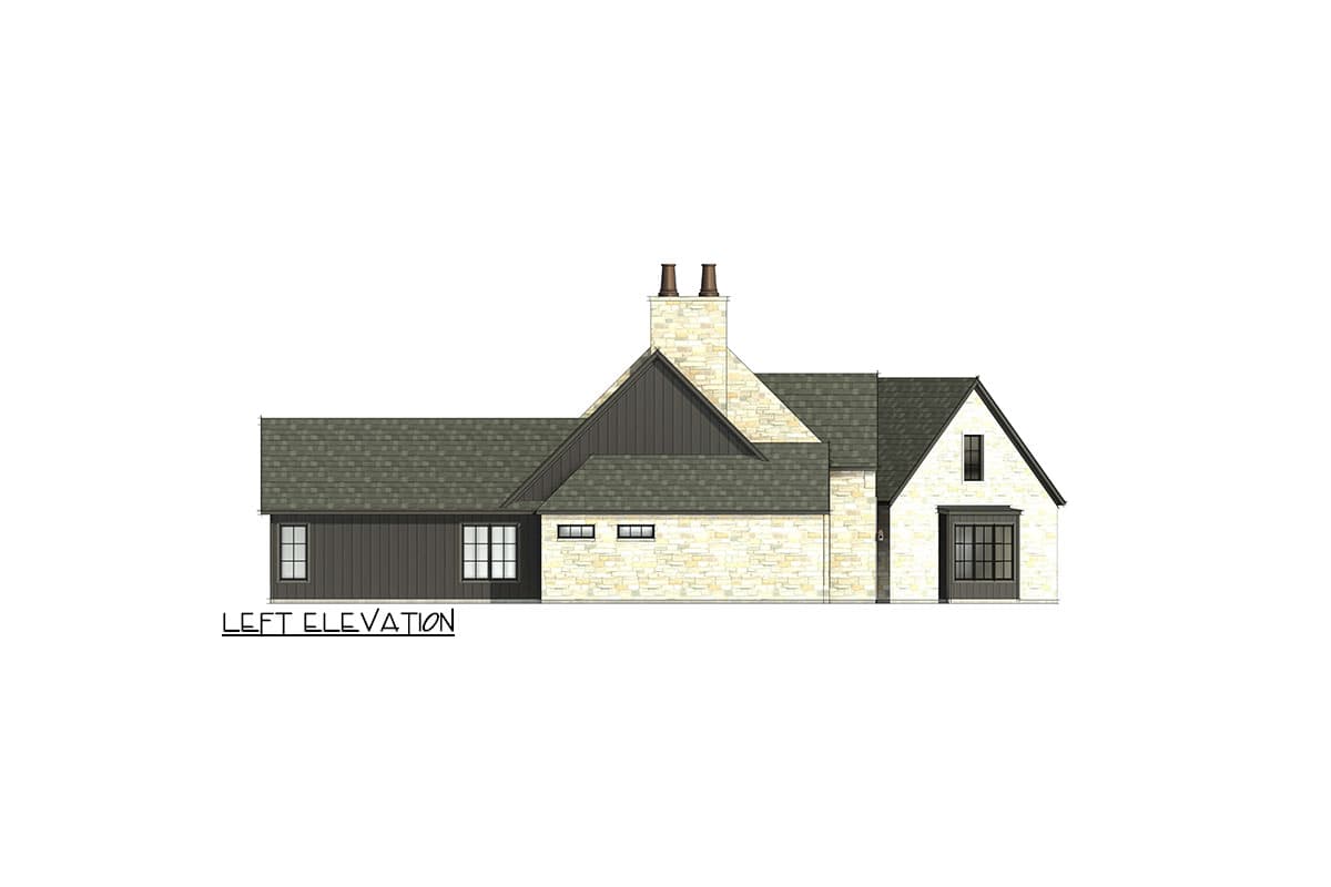 Left elevation drawing of a Modern Farmhouse with stone and vertical siding, gabled roof, and prominent chimney.