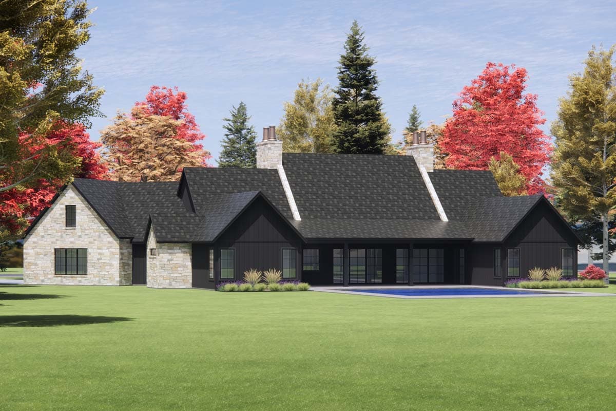 House plan exterior: Modern Farmhouse style, one story, stone accents, multiple gables, and a rear patio with pool.