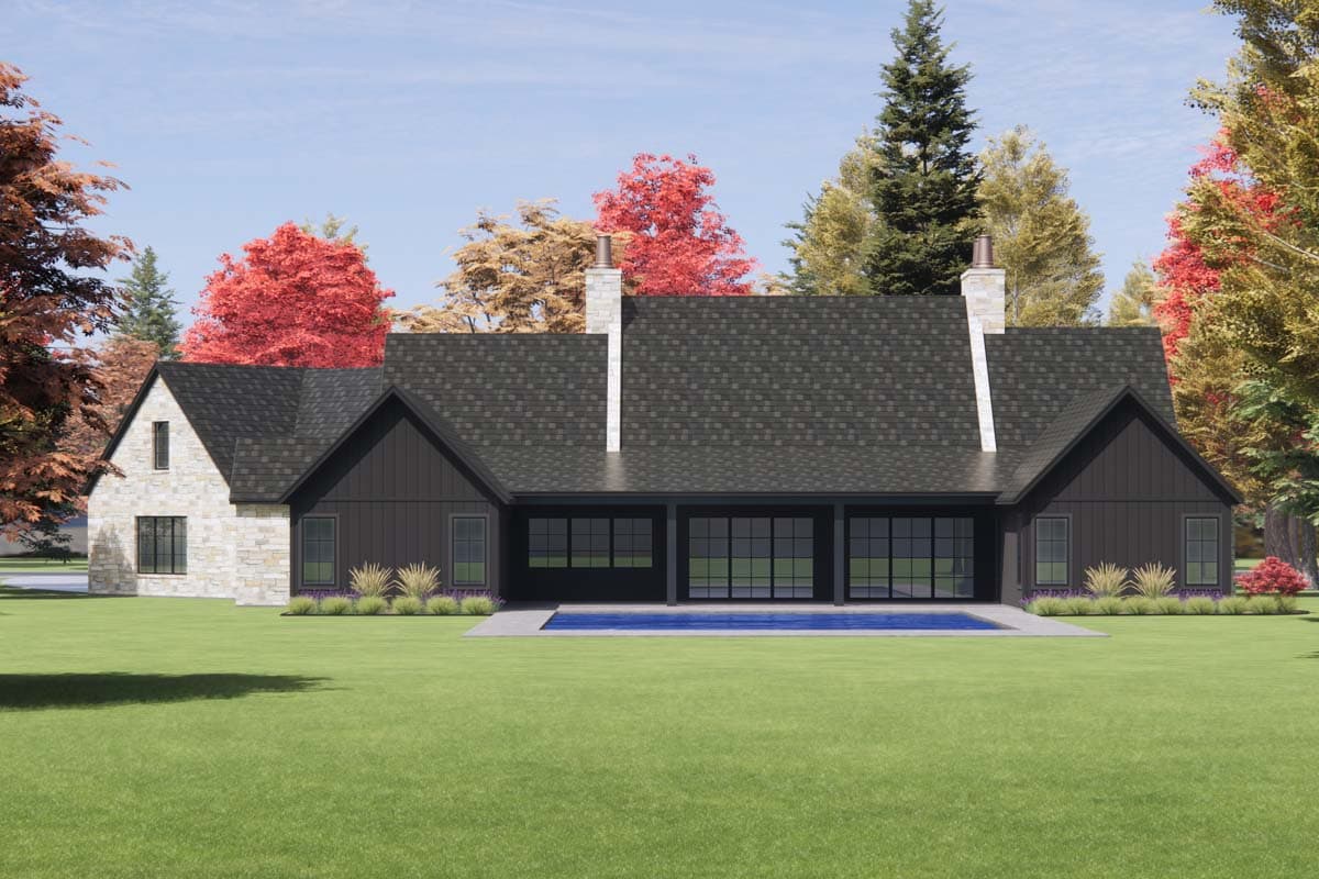 House plan exterior: one-story Modern Farmhouse with stone and board-and-batten siding, gables, and covered patio overlooking pool.