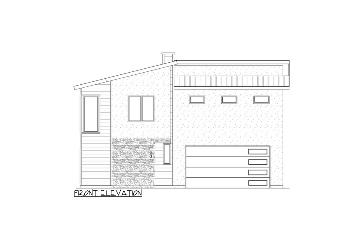Front elevation drawing of a two-story modern house plan with a sloped roof, multiple windows, and a four-bay garage.