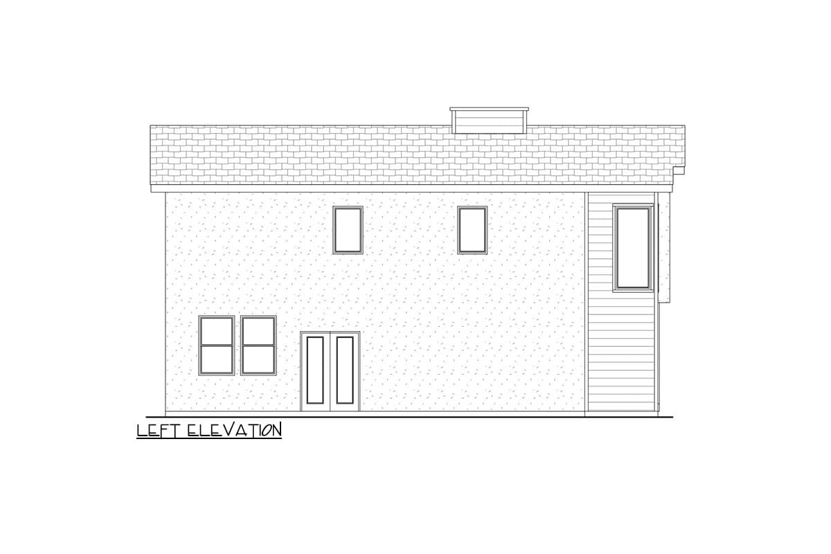 Left elevation drawing of a two-story house plan with brick siding, double doors, and multiple windows.