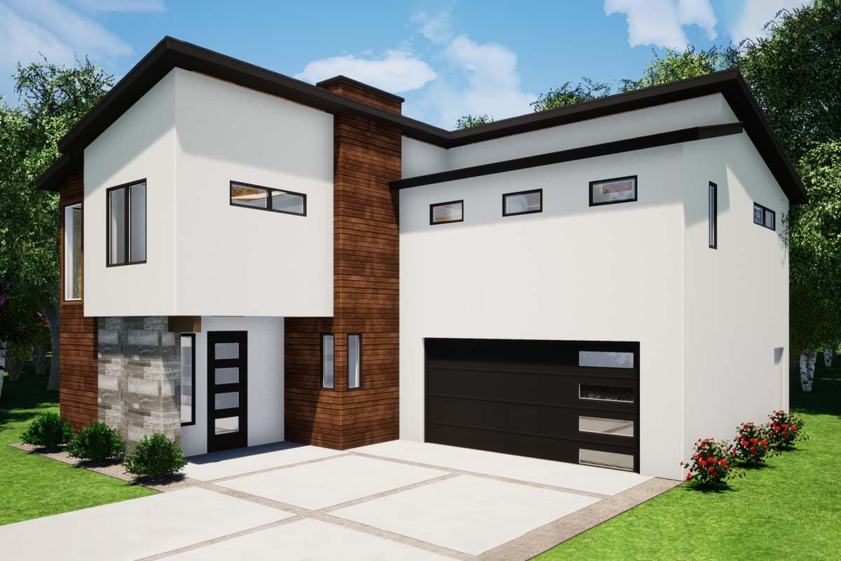 House plan exterior. Modern style, two-story home with flat roof. Features include a two-car garage, wood siding, and rectangular windows.