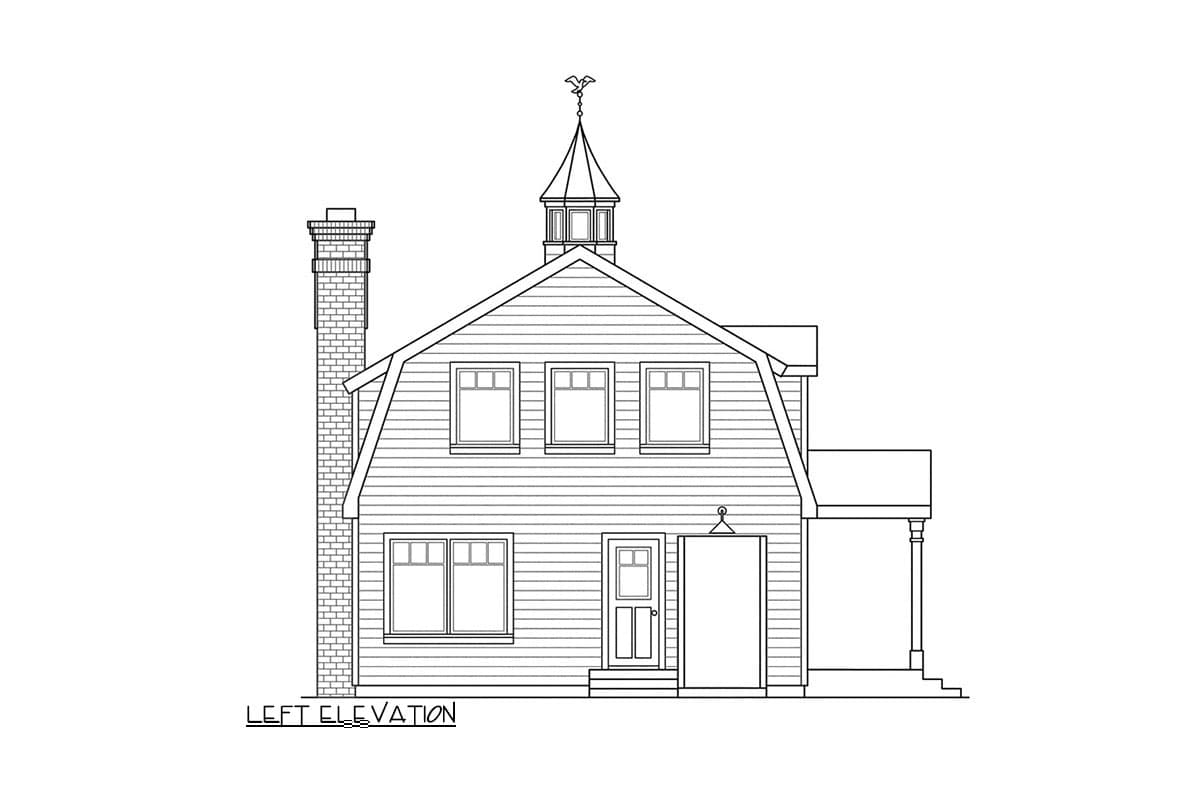 Left elevation of a two-story house plan featuring a gambrel roof, cupola, dormer windows, and a brick chimney.